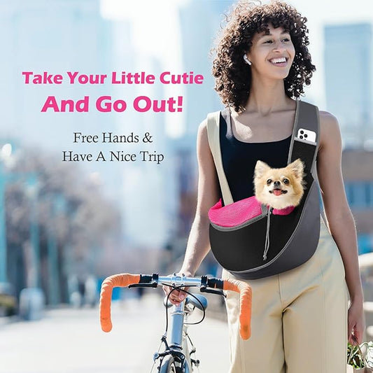 Pawaboo Dog Sling Carrier, Hand Free Breathable Mesh Bag for Puppy Cat, Drawstring Dog Papoose with Adjustable Strap and Pocket, Crossbody Satchel Dogs Purse for Outdoor Travel, L, Magenta