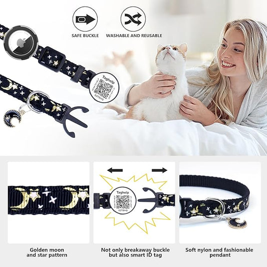 Waterproof Airtag Cat Collar Breakaway, Moons and Stars Safety Breakaway Cat Collars with Apple Airtag Holder with Qr Code, Adjustable GPS Tracker boy Girl Kitten Collar (Black B)
