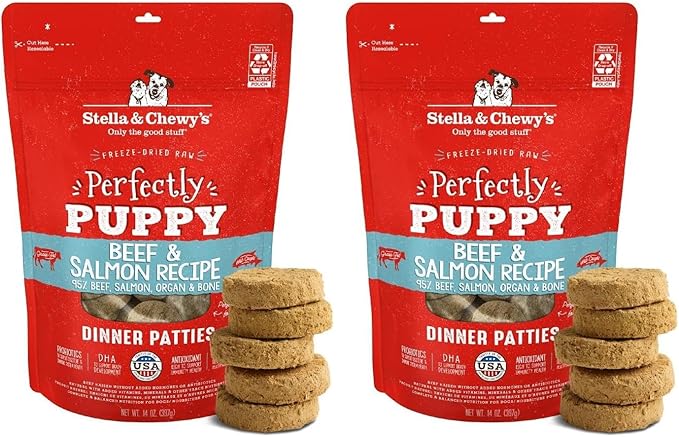 Stella & Chewy's Freeze Dried Raw Dinner Patties โ Crafted for Puppies โ Grain Free,Protein Rich Perfectly Puppy Beef & Salmon Recipe-โ 14 oz Bag,(Pack of 2)