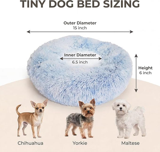Tiny Dog Bed 15 Inch for Extra Small Dogs,Washable Puppy Bed,Soft Faux Fur Calming Donut Bed for Chihuahua Yorkie Maltese Pomeranian,Blue and White