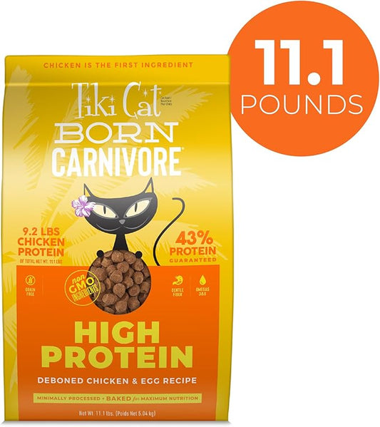 Tiki Cat Born Carnivore High Protein,Deboned Chicken & Egg,Grain-Free Baked Kibble to Maximize Nutrients,Dry Cat Food,11.1 lbs. Bag,(Pack of 2)
