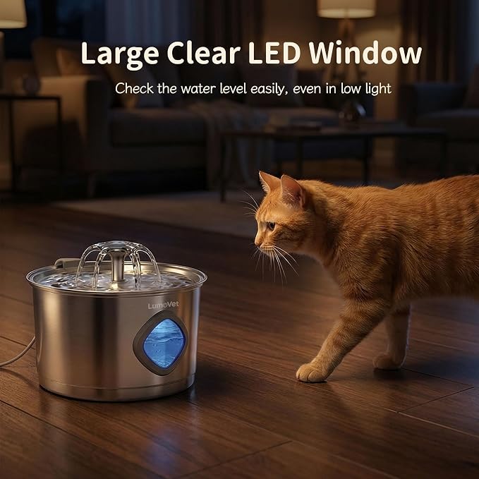 Cat Water Fountain Stainless Steel, 2.8L Quiet Dog Water Fountain | Automatic Quiet Pet Drinking Fountain, Water Level Window, 8 Filters & 8 Sponges - Gift for Small Animals like Dog & Kitty