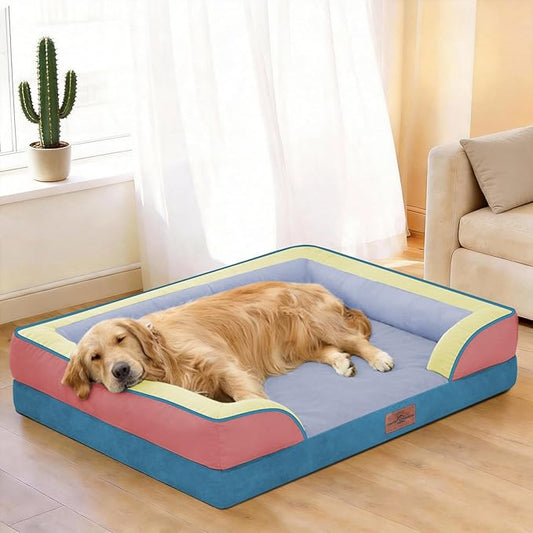 Comfort Expression Orthopedic Dog Bed for Extra Large Dogs 42x30 Inch, Waterproof Egg Crate Foam XL Pet Bed with Removable Bolsters, Dog Couch with Washable Cover & Non-Slip Bottom, Funfetti Fiesta