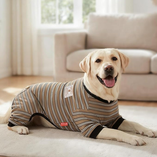 KYEESE Dog Pajamas, Soft Dog Pajamas for Large Dogs Boy Girl, Comfy Dogs PJS Breathable Onesie Clothes, Stretchy Jammies Pet Sleepwear, Lightweight Puppy Jumpsuit Outfit, Khaki Striped, 3XL