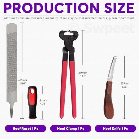 Swpeet 8Pcs Professional Farrier Tools Value Kit with Roll Pack, Horses Hoof Trimmers Shears Tools, Hoof Cutter, Farrier Rasp File and Rubber Handle, Hoof Nipper, Horseshoe Brush, Hoof Knife
