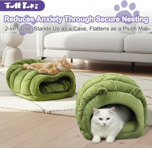 Luxe Green Jumbo Caterpillar Cat Cave - Super Cozy & Warm for Cats Up to 15 lbs, Convertible from Plush Cave to Comfy Mat!
