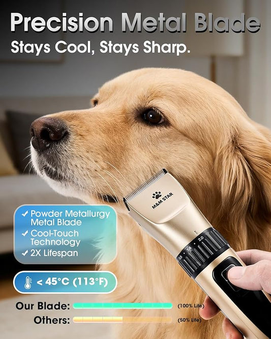 M&M STAR Dog Grooming Kit, Low Noise Dog Clippers, 2-Speed IPX7 Waterproof, Rechargeable Cordless Pet Hair Clippers Trimmer Shaver with LED Display for Small Large Dogs Cats, Gold