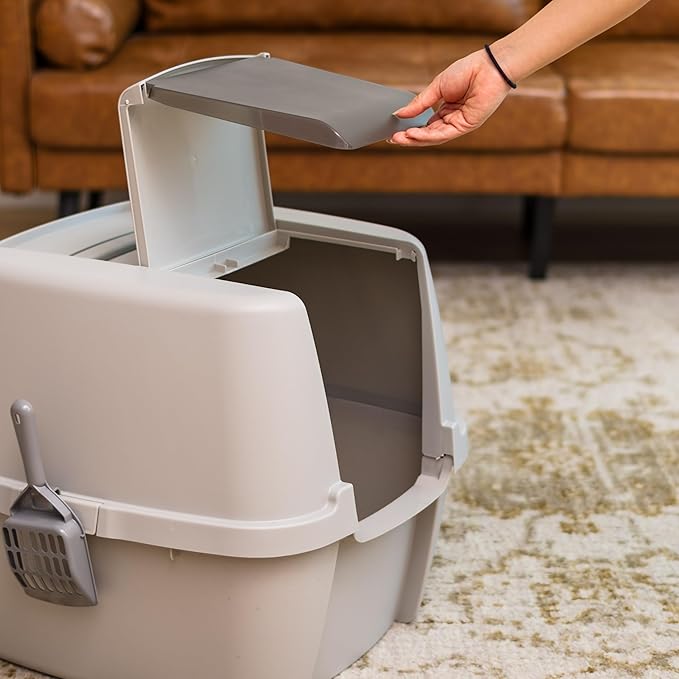 IRIS USA Large Cat Litter Box with Front Door Flap, Covered Enclosed Litter Box Enclosure with Scoop, Handle & Buckles for Portability & Privacy, Hidden Litter Pan, Gray