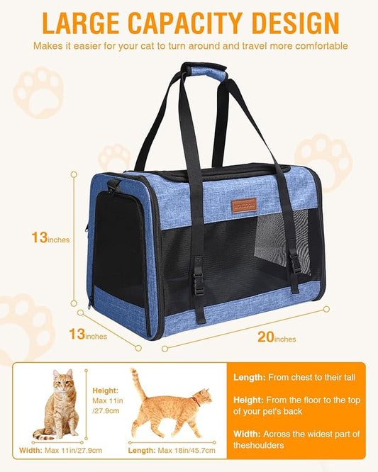 PETUX Large Pet Carrier for Large Cats & Small Dogs - Up to 20Lb, Top and Side Entry, 4 Side Breathable, Foldable Soft Cat Travel Carrier with Safety Car Seat Buckle and Anti-Scratch Mesh - Blue