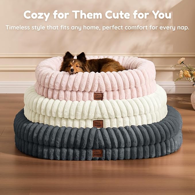 ChiXnuggle XL Dog Bed - Luxury Striped Faux Fur Waterproof Pet Couch with Removable Washable Cover, Orthopedic Dog Bed with Bolster Sides for Sleeping, Pink