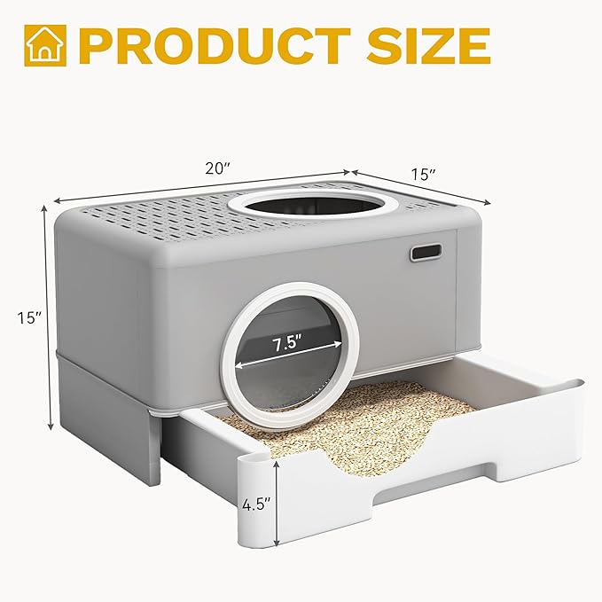 DWVO Enclosed Cat Litter Box with Two-Way Entry/Exit, Large Hooded Anti-Splash Cat Toilet with Lid, Hidden Litter Scoop - Gray
