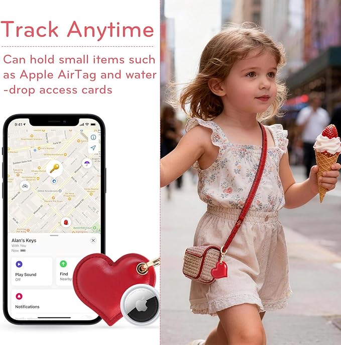 Leather Charm Keychain Holder Case Compatible with AirTag,Cute Protective Heart-Shaped Cover with Luxe Ring Clip,Finder GPS Tracker Case for Wallet Keys,Bag,Pets(Red)