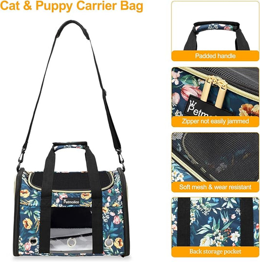 Petmolico Cat Carrier Soft-Sided Pet Bag for Small Medium Cats Puppies 16LBs - Airline Approved Pet Travel Carrier 3 Open Doors (Medium,Green Peony)