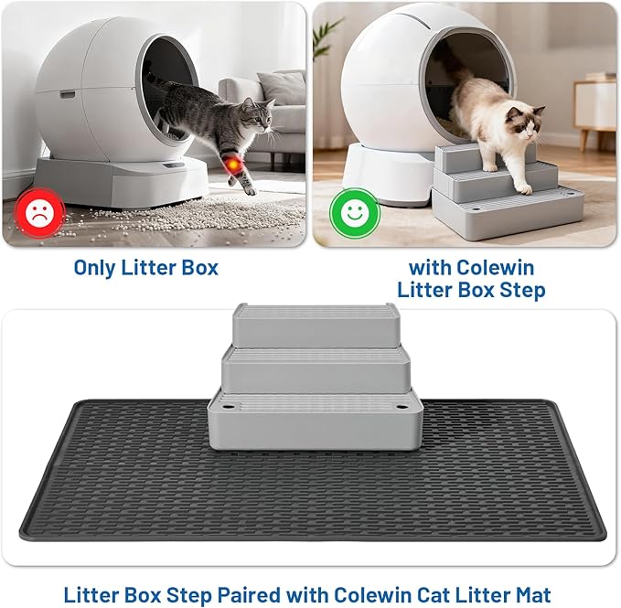 Adjustable Cat Litter Box Steps, 3-Step Non-Slip Ramp for Kittens Senior Cats Small Cats, Detachable Litter Catcher Tray, Fit Automatic Litter Boxes, Easy Clean, 13.5"x9"x7" (Light Grey)