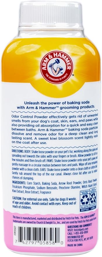 Arm & Hammer for Pets Odor Control Dry Shampoo Powder for Dogs & Puppies, Waterless Dog Deodorizer with Baking Soda, Paraben Sulfate and Dye Free Formula, Kiwi Blossom Scent, 4.2 Oz (Pack of 2)