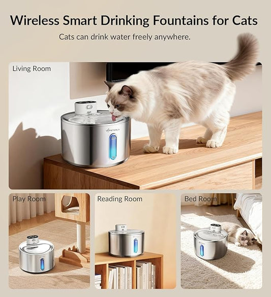 Cat Water Fountain Stainless Steel,135fl-oz/4L Wireless Cat Fountain Battery Operated Pet Fountain with 5 Filters for Dogs Cats Indoor