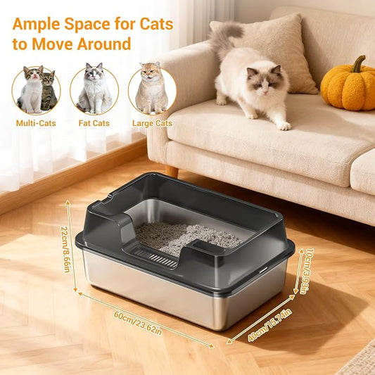 Enclosed Stainless Steel Cat Litter Box with Lid Extra Large Litter Box for Big Cats XL Metal Litter Pan Tray with High Wall Sides Enclosure, Non-Sticky, Anti-Leakage, Easy Cleaning
