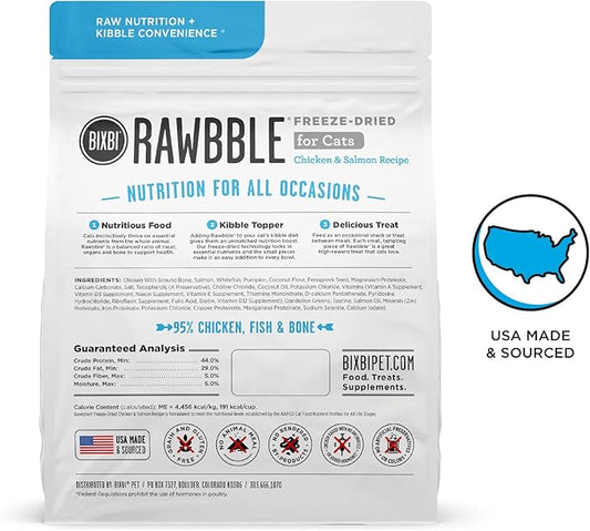 BIXBI Rawbble Freeze Dried Cat Food, Chicken & Salmon Recipe, 10 oz - 95% Meat and Organs, No Fillers - Pantry-Friendly Raw Cat Food for Meal, Treat or Food Topper - USA Made in Small Batches