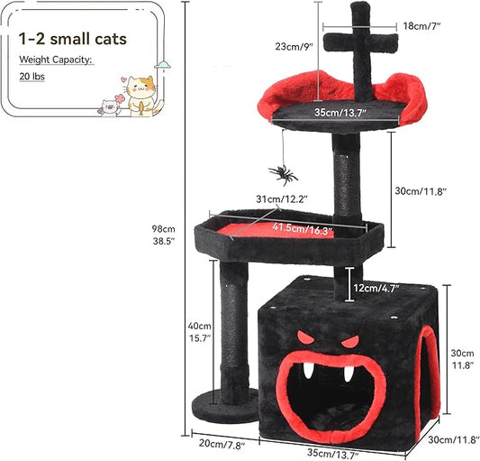 YITAHOME 4-in-1 Gothic Cat Tree with Coffin Bed for Indoor Cats, 38.6 in Small Cat Tower with Scratching Post, Modern Activity House Condo with Cradle, Kittens Cave, Black & Red