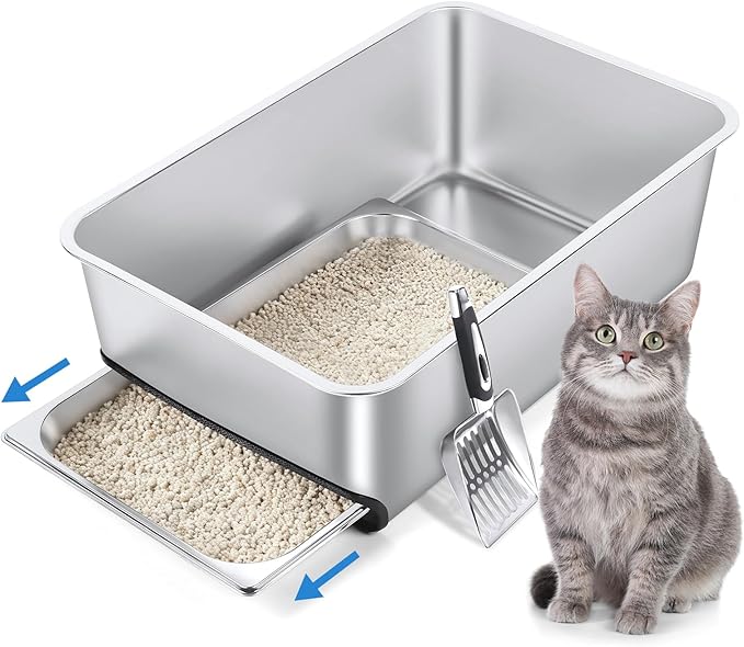 Stainless Steel Litter Box with Pull-Out Pan, 23.6" L x 15.7" Drawer Type Semi-Enclosed Cat Litter Box with Litter Scoop for Big Cat Easy Cleaning
