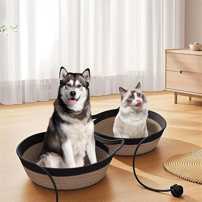 Cotton Rope Woven Cat Bed Basket, Hand Woven Cat Bed with Toy Tail, Small Dogs Sofa Bed, Pet Sleeping Bed Basket for Indoor Cats, Puppies, Rabbits (Large, Black & Brown)