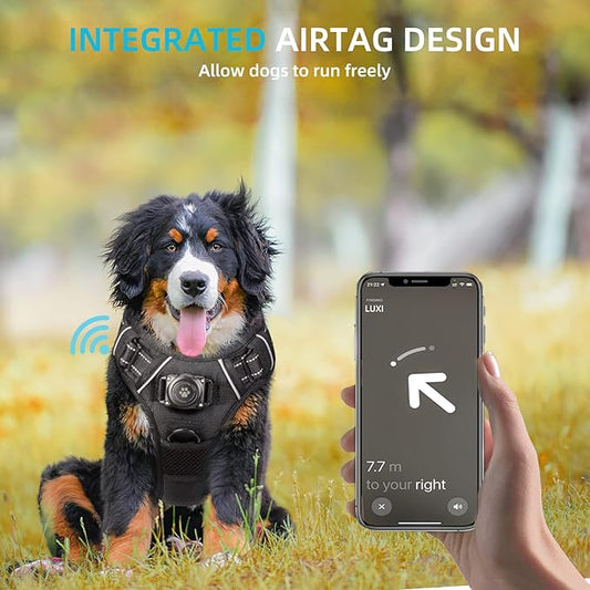 AirTag Dog Harness, Integrated Dog Vest with 100% Waterproof Air Tag Holder, No-Pull No-Choke Reflective Dog Vest Harness with Apple Air Tag Case for Small Medium Large Dogs (Black, XL)