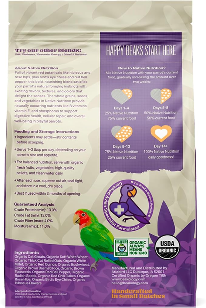 Native Nutrition Organic Parrot Food, USDA Certified, Non-GMO, for Small and Medium Parrots, 2 lbs