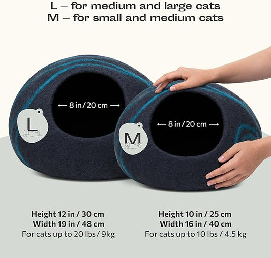 MEOWFIA Cat Cave – Premium Felt Cat Bed for Indoor Cats, Handmade 100% Merino Wool, Cat (Large, Black Aqua) (Pack of 2)
