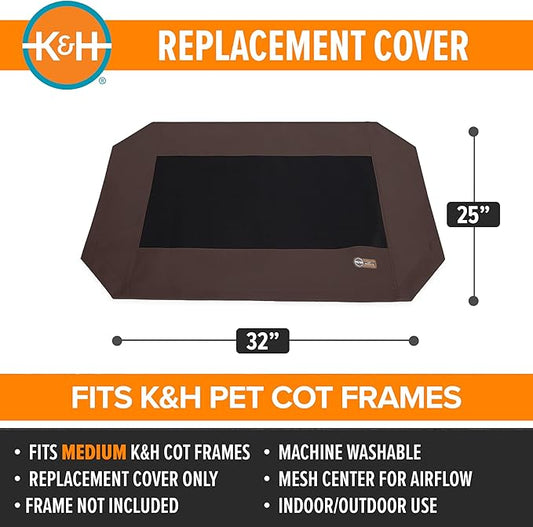 K&H Pet Products Dog Cot Replacement Cover, Designed to fit K&H Medium Pet Cots (Sold Separately), Indoor Outdoor, Breathable Cooling Mesh Center, Machine Washable - Medium 32 X 25in Chocolate