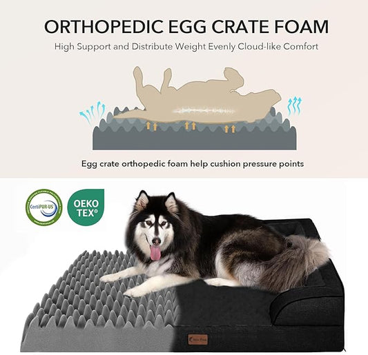 Orthopedic Dog Beds for Extra Large Sized Dogs, Waterproof Memory Foam XL Pet Bed with Sides 42x30Inch, Non-Slip and Egg-Crate Foam Big Dog Couch Bed with Removable Washable Cover, Black