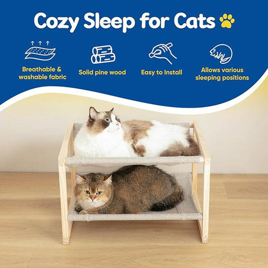 Cat Hammock, Double Layer Wooden Bed for Indoor Cats, 2 Tier Elevated Cat Bed with Breathable & Washable Covers, Sturdy Natural,20 x 16.5 x 13 Inch
