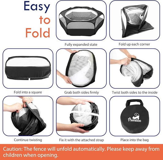 Pawaboo Small Animals Playpen, Waterproof Small Pet Cage Tent with Zippered Cover, Portable Outdoor Yard Fence with 3 Metal Rod for Kitten/Puppy/Guinea Pig/Rabbits/Hamster/Chinchillas, Black