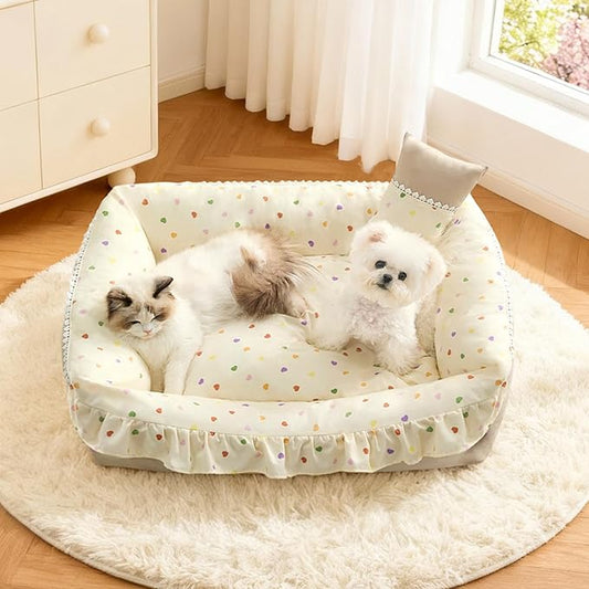 Jiupety Cat Bed for Indoor Cats Removable Washable Pet Beds with Slip-Resistant Bottom Ruffled Puppy and Kitten Beds with Pillow, Beige 21"x15"