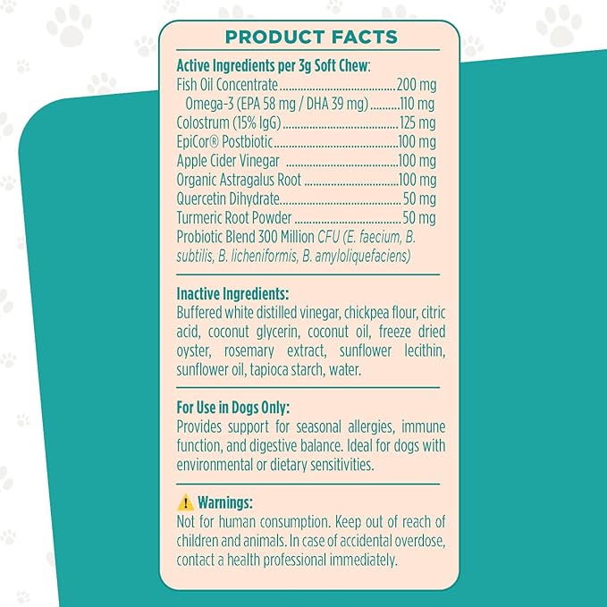 Seasonal Allergy & Immune Support for Dogs, 50 Tasty Oyster Soft Dog Chew Treats; Vet-Formulated Pet Dog Supplies that Promote Dog Allergy Relief & Itch Relief for Dogs