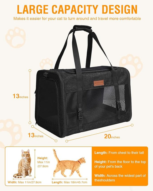 PETUX Large Pet Carrier for Large Cats & Small Dogs - Up to 20Lb, Top and Side Entry, 4 Side Breathable, Foldable Soft Cat Travel Carrier with Safety Car Seat Buckle and Anti-Scratch Mesh - Black