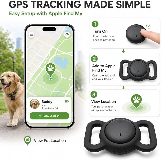 Dog Tracker, GPS Tracker for Dogs with Real-Time Location, No Monthly Fee, No SIM, IP68 Waterproof Ultra-Slim Lightweight with Holder, 500-Day Battery, Black, iOS Only