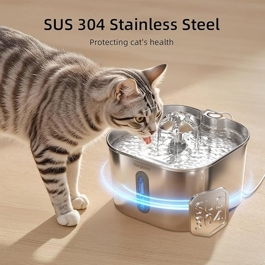 Cat Water Fountain Stainless Steel:74oz/2.2L SARPAWS Water Fountains for Cats Indoor, Cat Fountains for Drinking, Ultra-Quiet, Water Level Window, Pet Water Fountain - 6 Filters + 3 Sponges