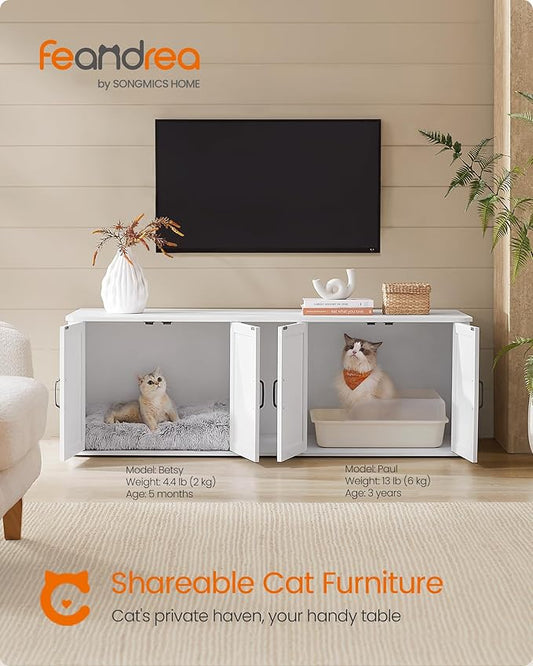 Feandrea Double Cat Litter Box Enclosure, Modern Litter Box Furniture Hidden for 2 Cats, Front Entry, Cat House, Side End Table, TV Stand, 59 x 19 x 19.5 Inches, Cloud White UPCL010W01