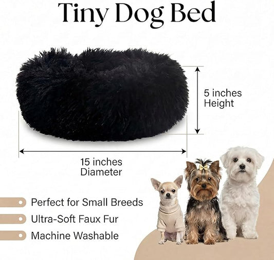 Tiny Dog Bed 15 Inch for Extra Small Dogs,Washable Puppy Bed,Soft Faux Fur Calming Donut Bed for Chihuahua Yorkie Maltese Pomeranian,Black