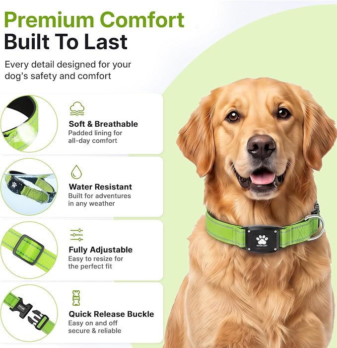 GPS Dog Collar Tracker 2-in-1,Reflective Waterproof Pet Collar,iOS-Only,No Monthly Fees,Unlimited Range,Dog Tracking Collar Pet Tracker,for Small Medium Large Dogs(S (12.5"-16"), Green)