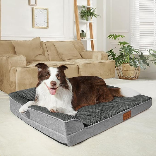 Orthopedic Dog Bed Large Sized Dog 36''X24'', Waterproof L Bolster Egg Crate Foam Pet Crate Beds with Washable Removable Cover, Non-Slip Soft Pet Couch Sleep Mat, Grey