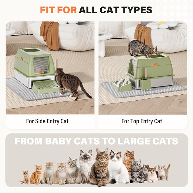 Removable Stainless Steel Cat Litter Box with lid, Front & Top Entry Kitty LitterBox,Cat Litter Box Enclosure, XL Extra Large High-Sided Metal Cat Box with Scoop,Mat,Footboard (Green)