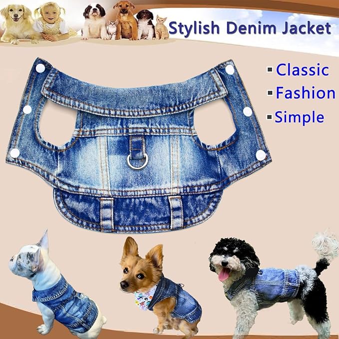 Dog Jean Jacket, Blue Denim Shirt Classic Lapel Vest Coat Costume Puppy T-Shirt, Comfort Tank Top Cool Apparel, Washed Pet Clothes for Dogs Boy Girl (with D-Ring, Large)