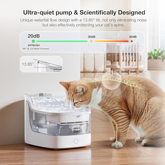 Petgugu 2L Cat Water Fountain Smart App Control,8 Layers Filtration Automatic Water Dispenser for Cats Dogs pet Water Fountain Wireless Pump 2.4G WiFi PF1