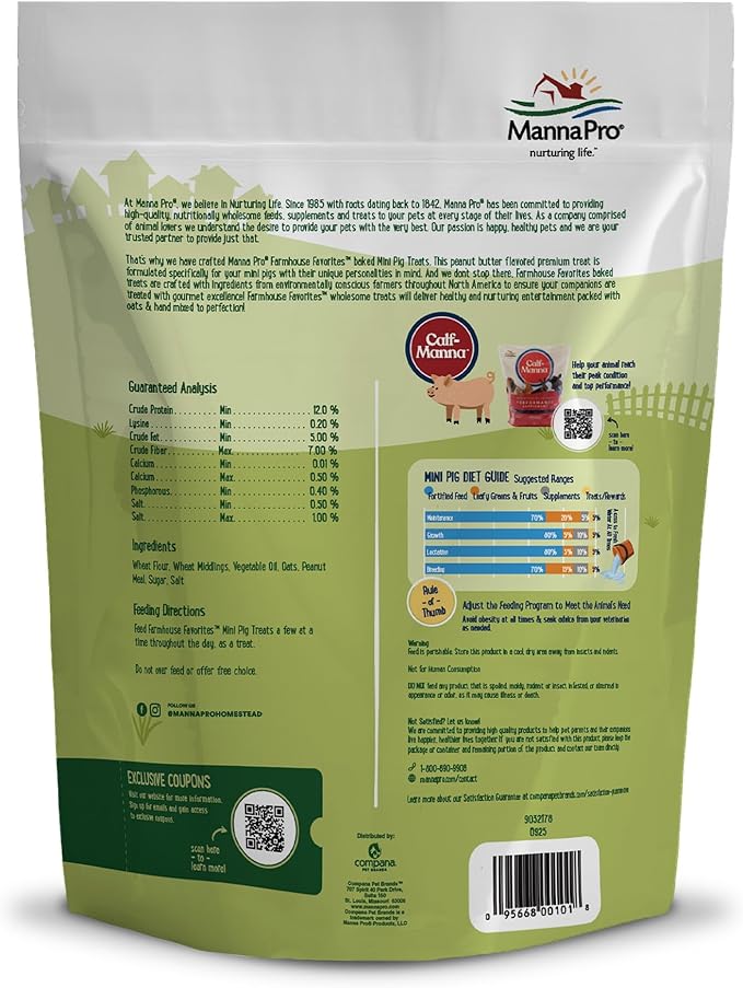 Manna Pro Farmhouse Favorites Mini Pig Treats, Baked Snack for Mini and Teacup Pigs, Hand-Mixed, Peanut Butter Flavored, Supports Training and Bonding, Premium Treats for Small Pigs, 3 lb Bag