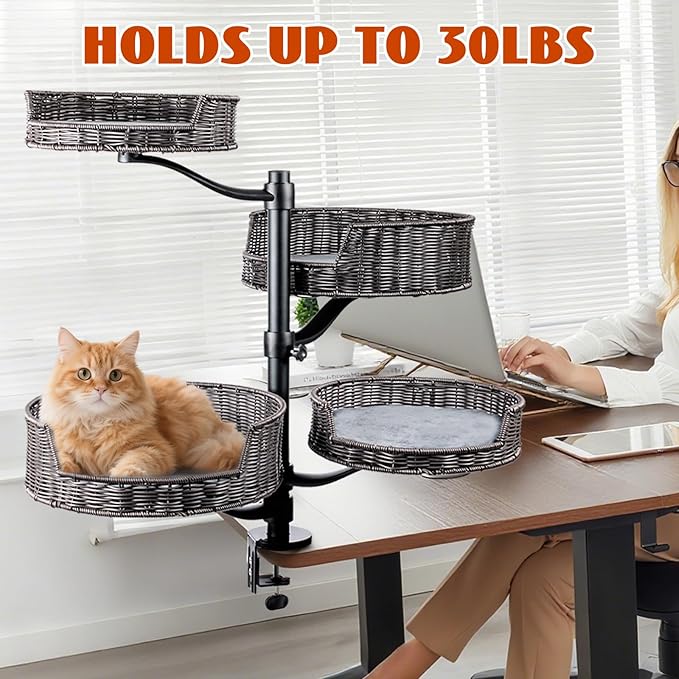 Niubya Cat Desk Bed Mount with Adjustable Height,Rattan Cat Desk Perch Supports 30 Lbs,360°Rotation Desktop Kitty Attachment for Indoor Home Office,4 Bed