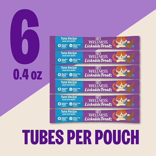 Wellness Lickable Treats Soft Puree Natural Grain Free Adult Cat Treats, Tuna Recipe, Contains 6-0.4 Ounce Squeezable Tubes