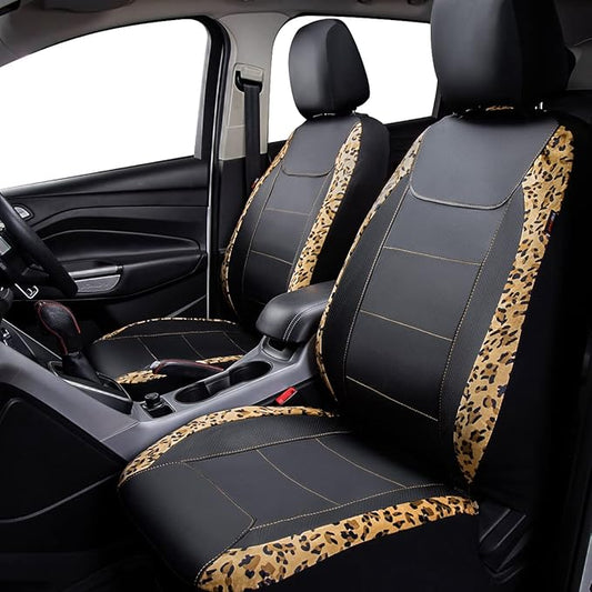 Flying Banner car seat Covers Protects Leopard Printing Velvet Faux Leather Carbon Fiber Front Pair Carbon Fibre (Leopard Black, Front Pair)