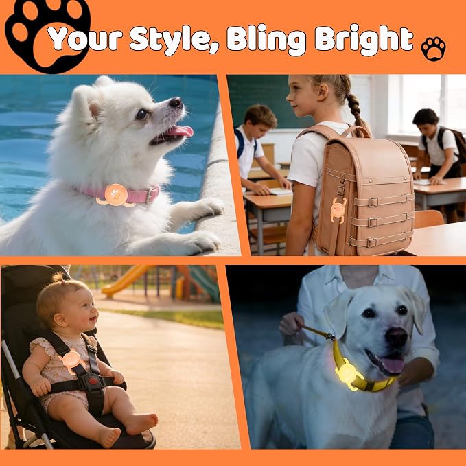 SANKALA Luminous Waterproof Airtag Dog Collar Holder, Orange Glitter | 1 Pack, Silicone Full Body Covered, Anti-Lost Protective, Fits All Width Collars, for Apple Airtag 1st and 2nd Gen