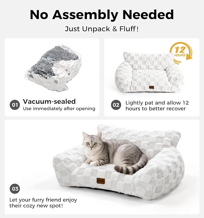 Made4Pets Cat and Dog Indoor Couch Bed, Soft Faux Fur Checkered Pet Sofa, Cozy Fluffy Pet Sofa with Supportive Foam, Removable Washable Cover with Non-Slip Base, White, Medium